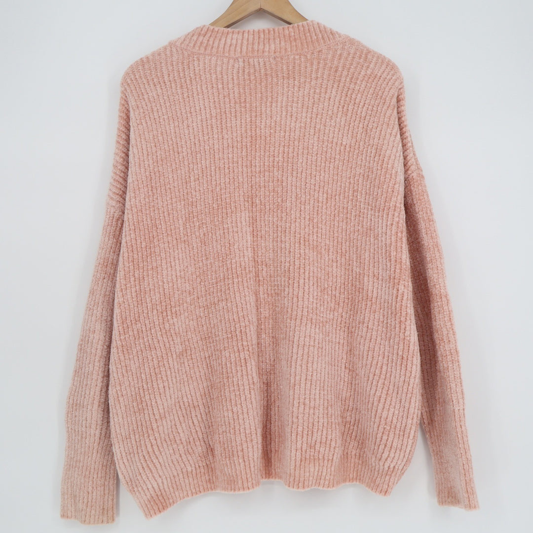 Primark Womens Peach Pink Ribbed Chenille V-Neck Oversized Sweater Size M L