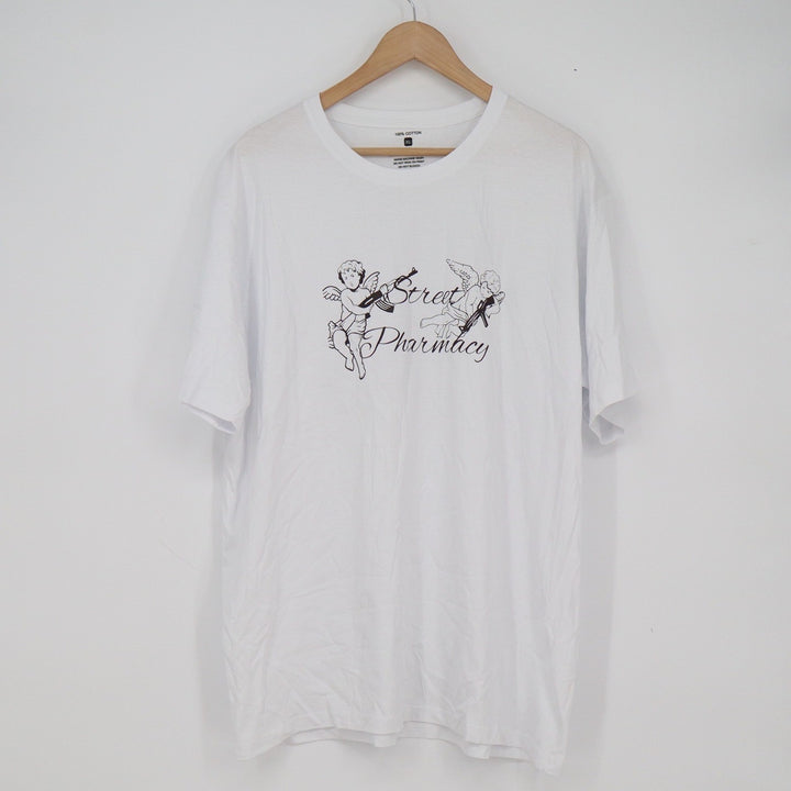 Street Pharmacy Mens XL White Graphic T-Shirt Cherub Rx Logo Streetwear Tee