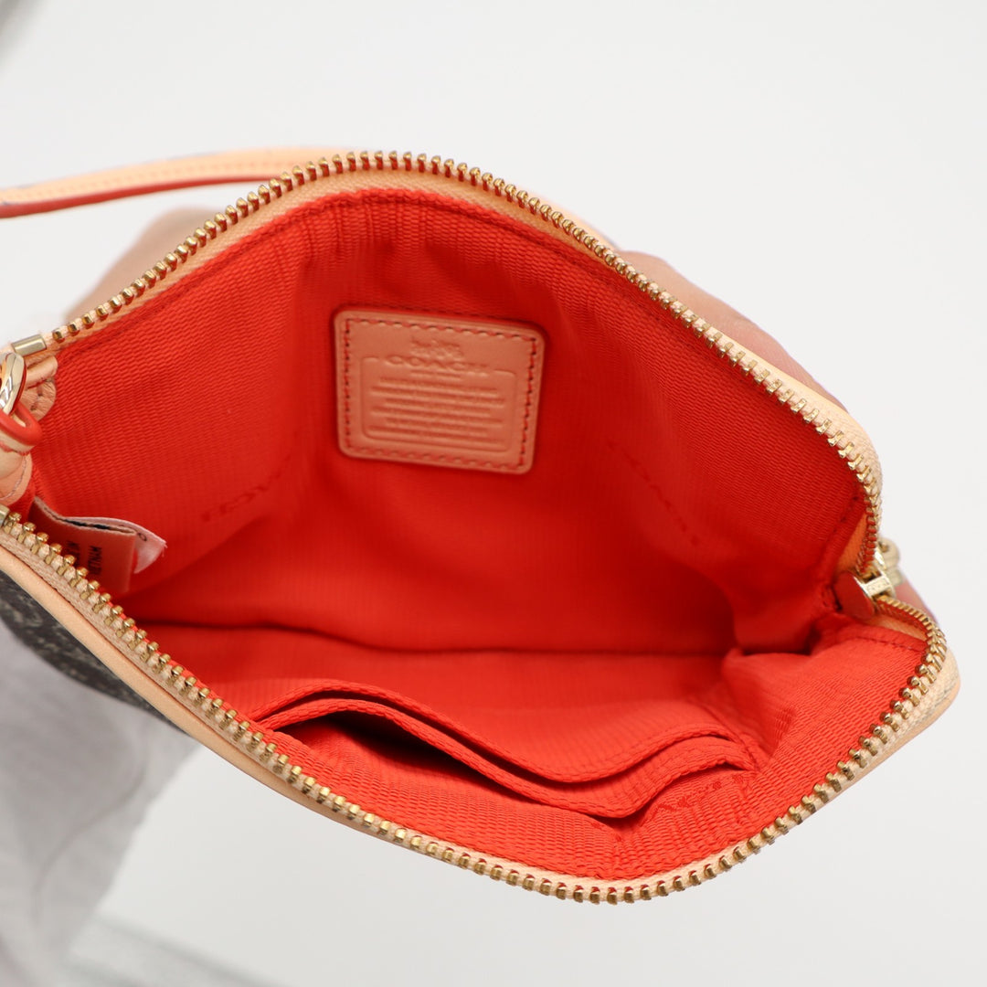 Coach Corner Zip Womens Brown Signature Canvas Inner Pockets Wristlet Wallet