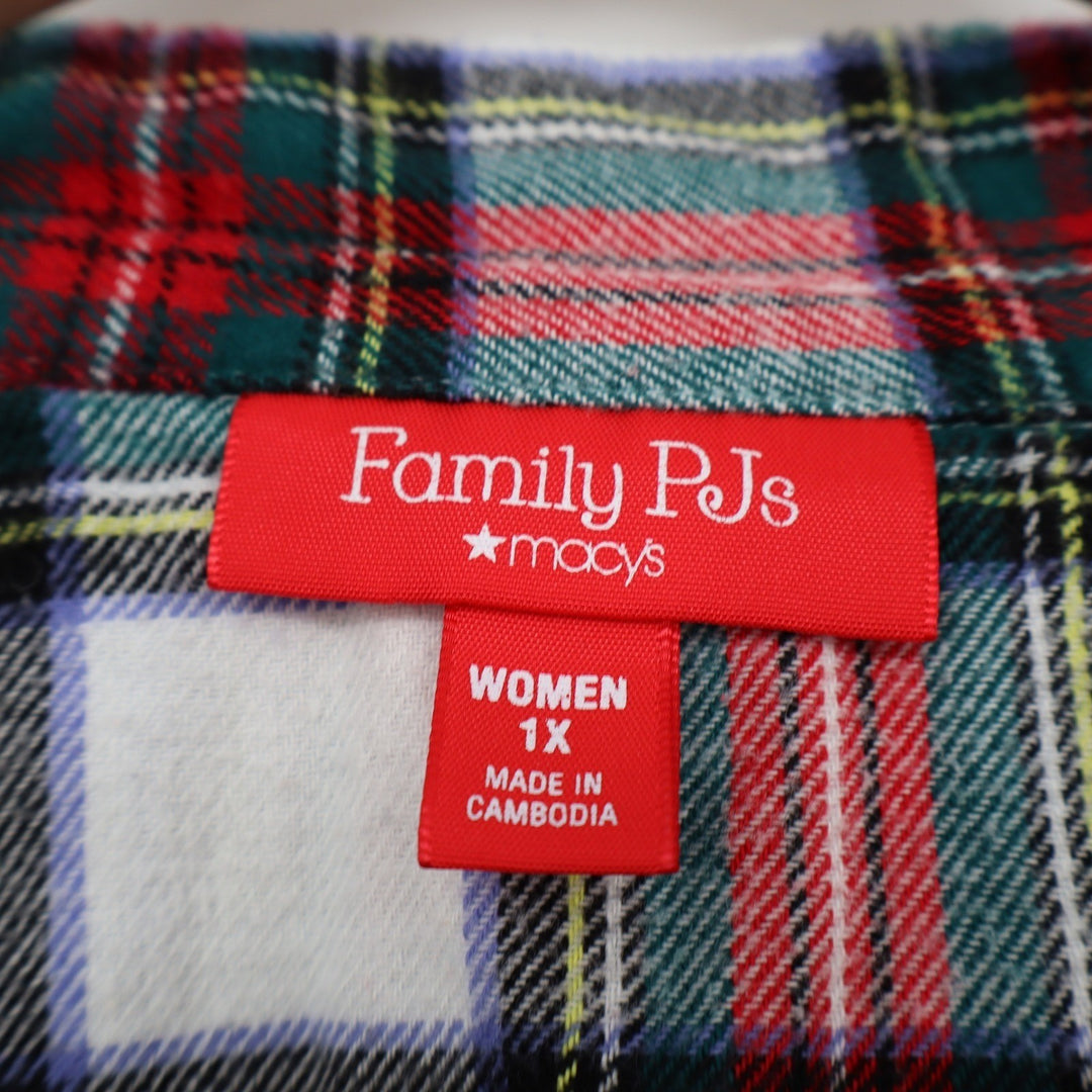 Family PJs Macys Womens 1X Red Green White Plaid Cotton Flannel Pajama Top