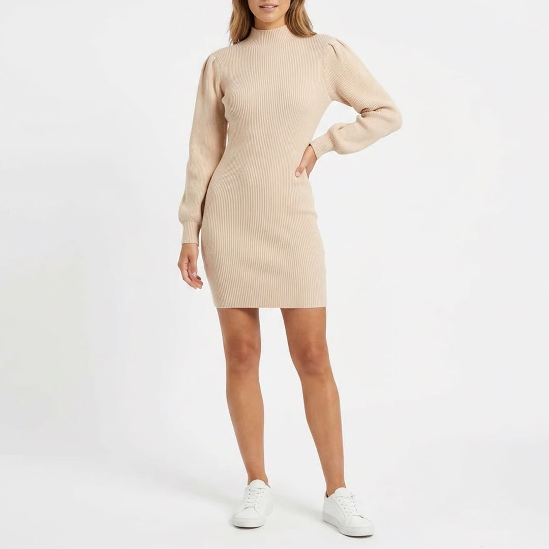 Beige Ribbed Knit Mock Neck Puff Shoulder Sweater Dress XL