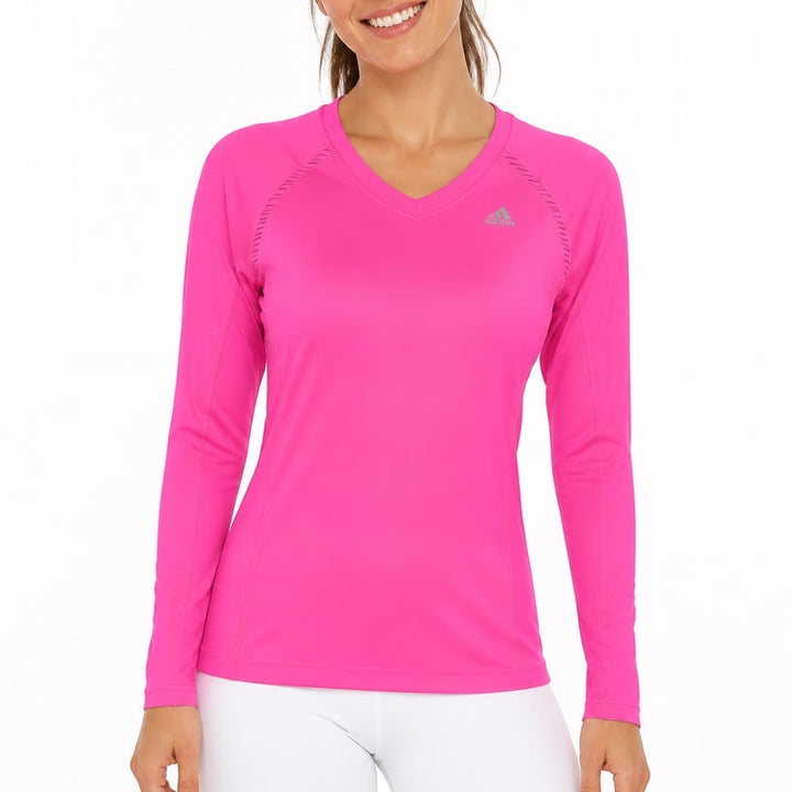 Adidas Shirt Womens XS ClimaCool V-Neck Pink Long Sleeve Mesh Back Excellent