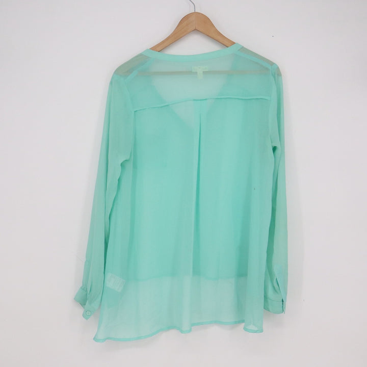 Silence + Noise Mint Green Sheer Chiffon Button Down Blouse V-Neck Small 13606