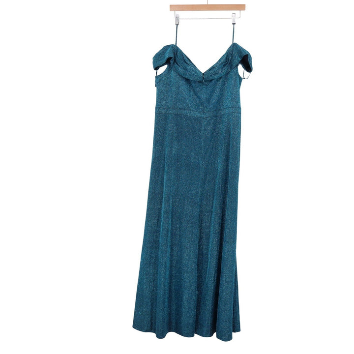 Morgan & Co Teal Blue Metallic Off-The-Shoulder Formal Gown Dress 22W