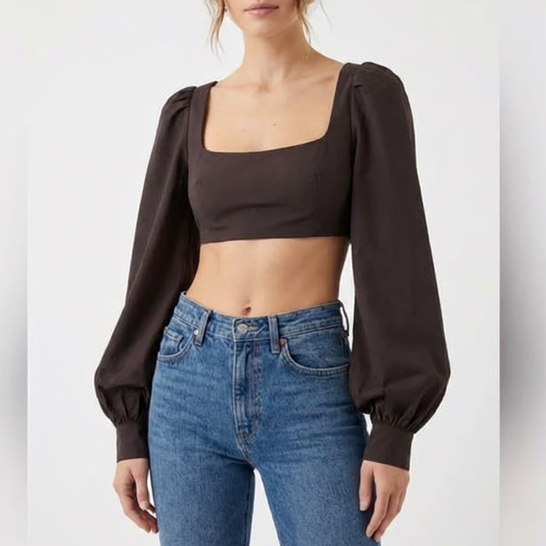 Naked Wardrobe The Statement Black Puff Sleeve Crop Top M