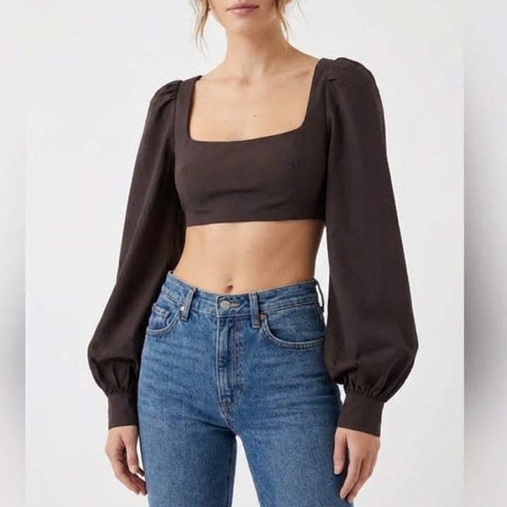 Naked Wardrobe The Statement Black Puff Sleeve Crop Top M