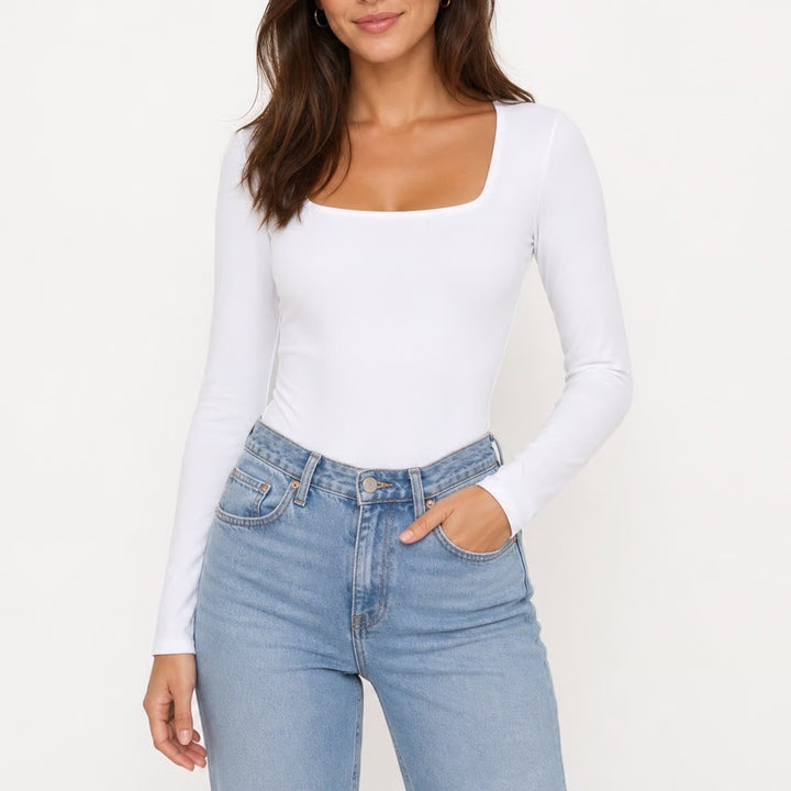 Mangopop White Square Neck Long Sleeve Bodysuit Medium