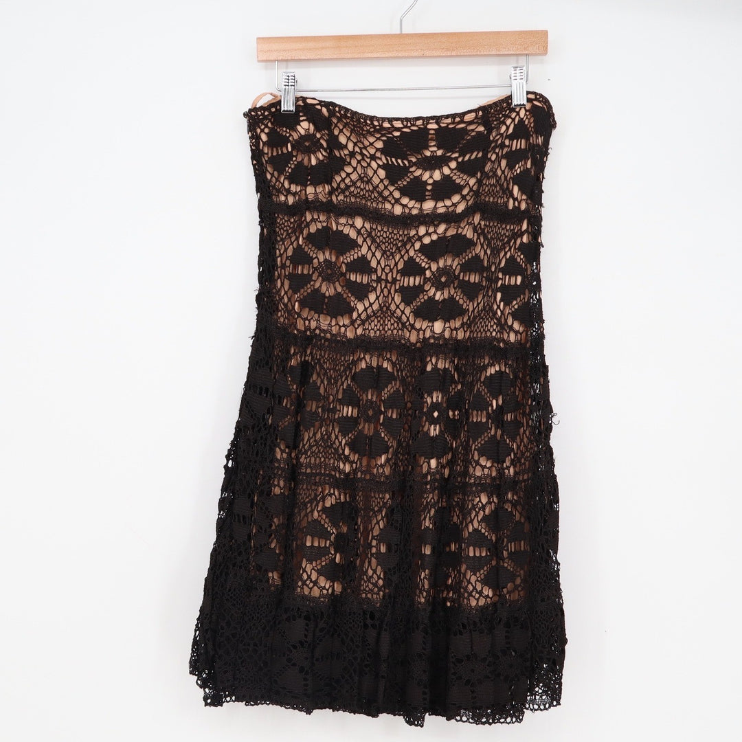 Alberto Makali Black Crochet Lace Strapless Tiered Cocktail Dress Tan Lining 12