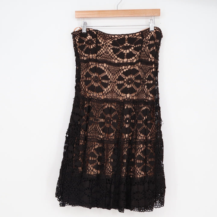Alberto Makali Black Crochet Lace Strapless Tiered Cocktail Dress Tan Lining 12