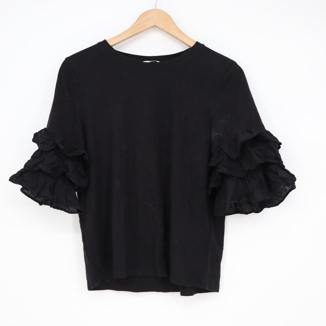 HM Black Tiered Ruffle Short Sleeve Cotton Top Crew Neck Size S