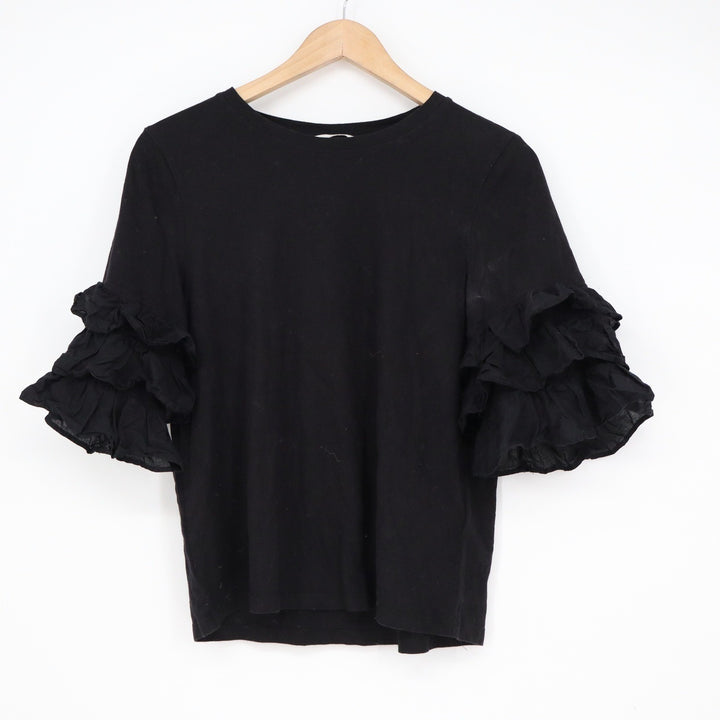 HM Black Tiered Ruffle Short Sleeve Cotton Top Crew Neck Size S