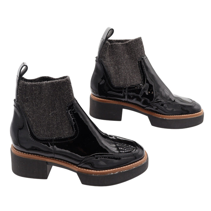 Dolce Vita Black Patent Leather Sock Chelsea Platform Boots Grey Knit Size 6