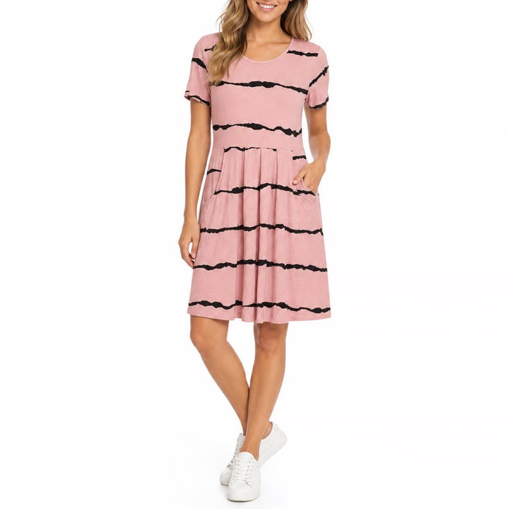 DouBCQ Dress Womens M Fit & Flare Pink Black Striped Pockets Short Sleeve NEW