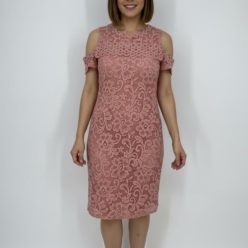 Pink Lace Cold Shoulder Mock Neck Mini Dress Size S