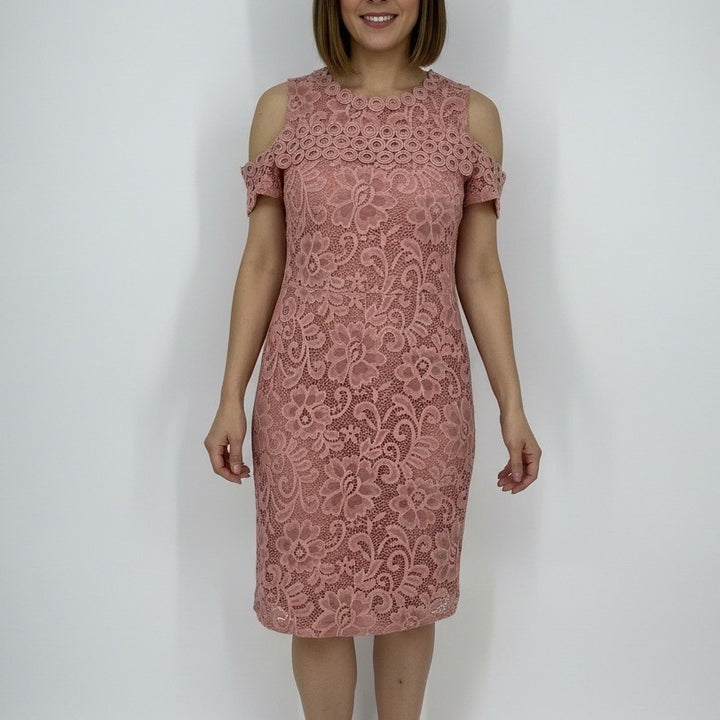 Pink Lace Cold Shoulder Mock Neck Mini Dress Size S