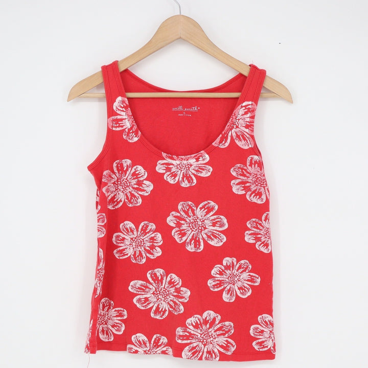 Willi Smith Womens Red White Floral Daisy Print Cotton Tank Top Size Large