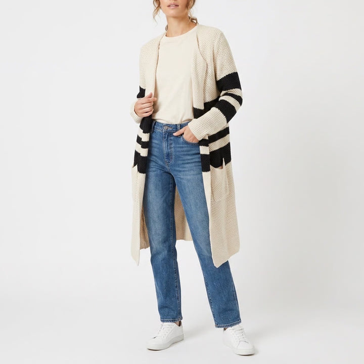 Chaser Cardigan Sweater Womens Medium Beige Black Striped Cotton Knit Open Front