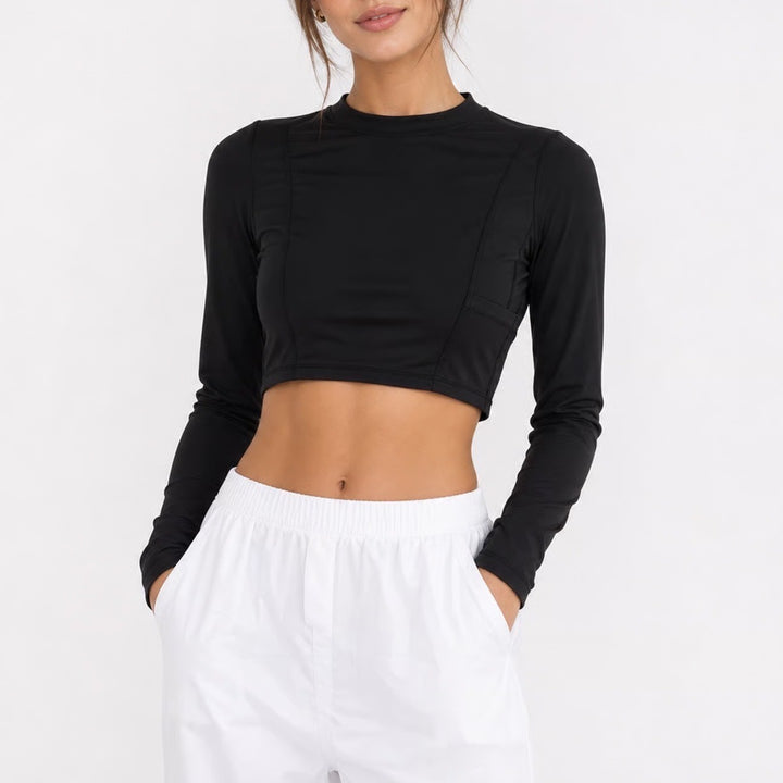 SHEIN Black Long Sleeve Athletic Crop Top Side Pocket Crew Neck Small