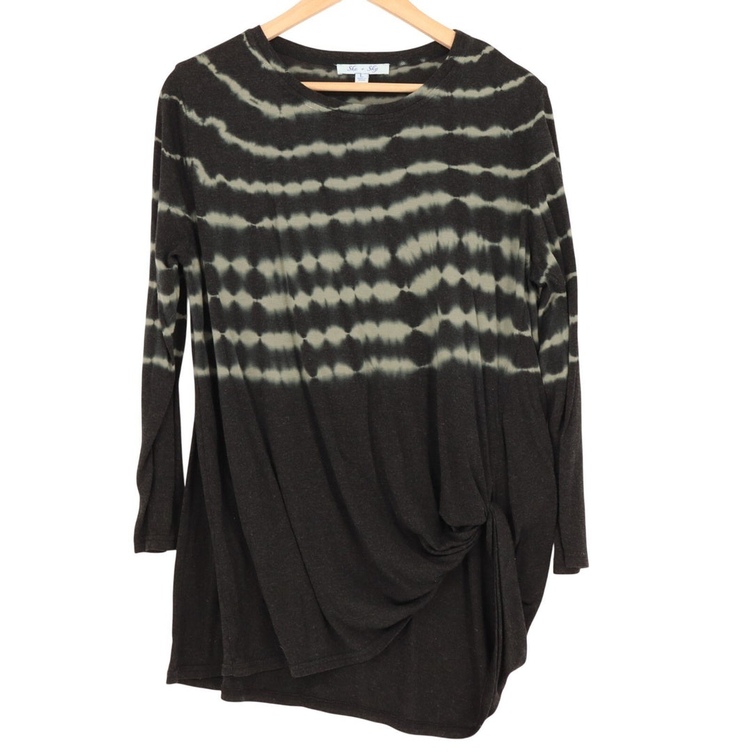 She + Sky Tunic Top Womens Large Black Tie Dye Twist Front Asymmetrical Hem