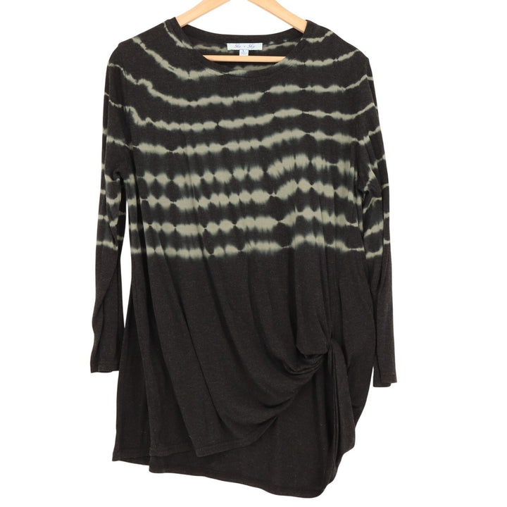 She + Sky Tunic Top Womens Large Black Tie Dye Twist Front Asymmetrical Hem