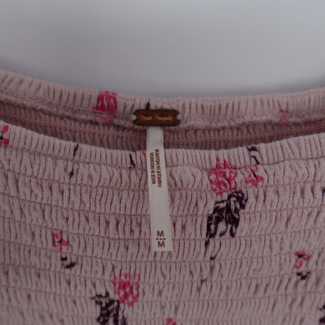 Free People Pink Floral Smocked Square Neck Bell Sleeve Blouse Top M