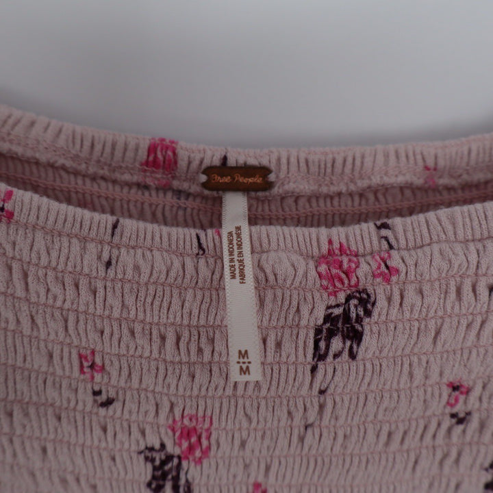 Free People Pink Floral Smocked Square Neck Bell Sleeve Blouse Top M