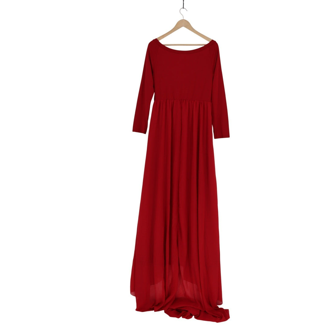OrderPlus Red Maternity Gown XL Long Sleeve Wrap V-Neck High-Low Maxi Dress