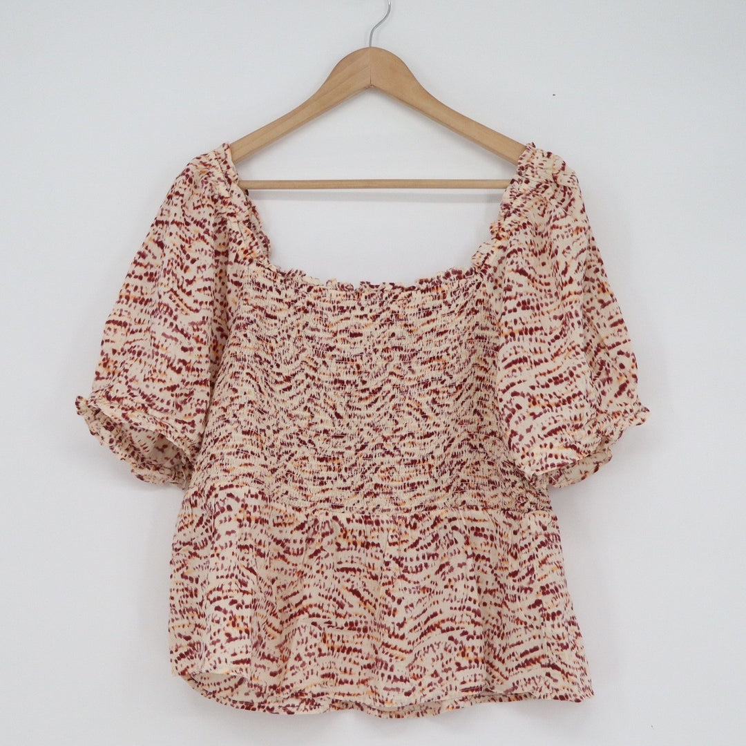 Old Navy Womens XL Smocked Peplum Top Abstract Print Square Neck Puff Sleeve