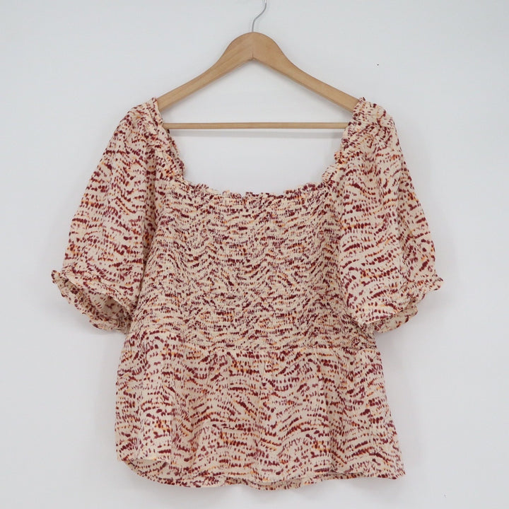 Old Navy Womens XL Smocked Peplum Top Abstract Print Square Neck Puff Sleeve