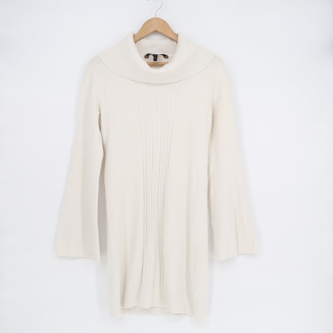BCBGMAXAZRIA Ivory Cowl Neck Cable Knit Bell Sleeve Sweater Dress Large DVA 970