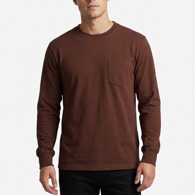 American Giant T-Shirt Men Medim Brown Cotton Long Sleeve Front Pocket Crew Neck