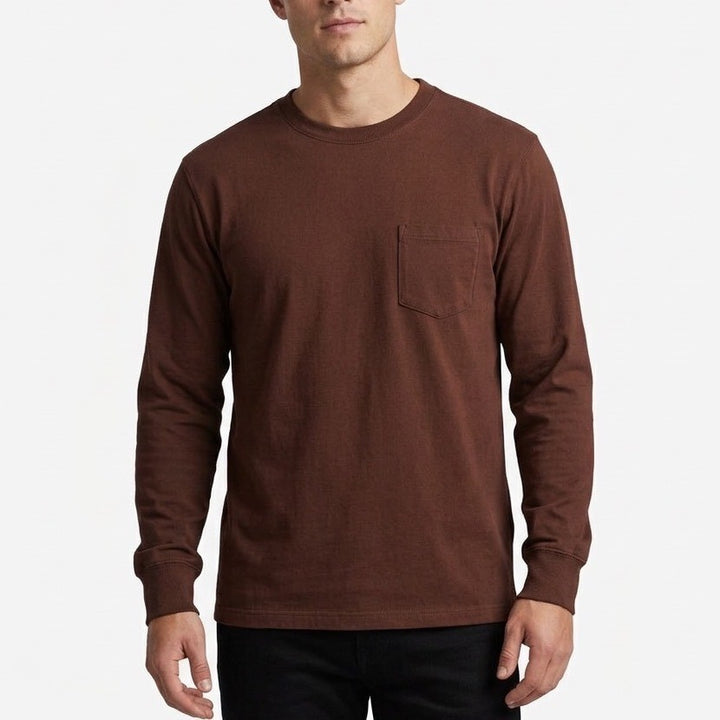 American Giant T-Shirt Men Medim Brown Cotton Long Sleeve Front Pocket Crew Neck