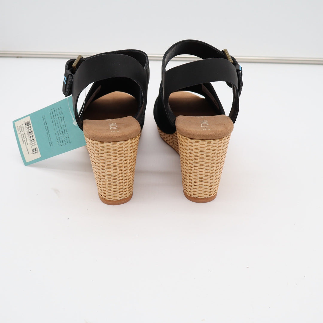 TOMS Tropez Black Suede Leather Wedge Sandals Peep Toe Ankle Strap Sz 9