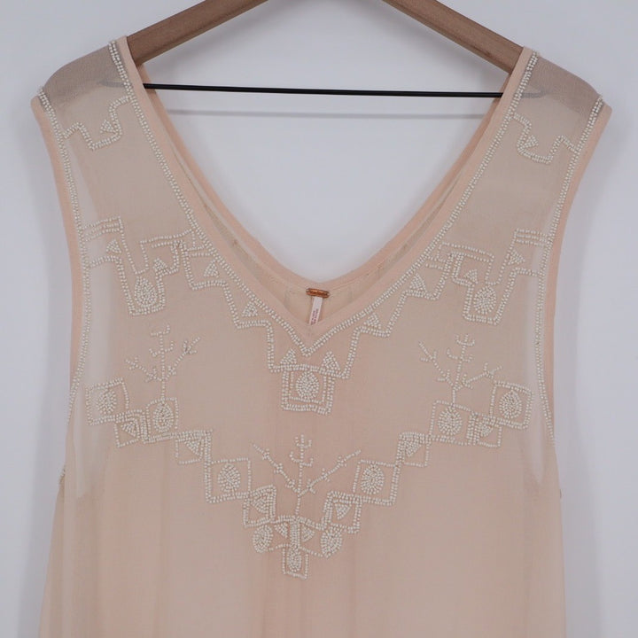Free People Beaded V Neck Sleeveless Sheer Blouse Peach M
