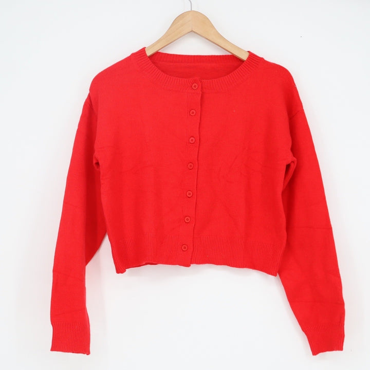 Red Cropped Button Front Cardigan Sweater Womens Size M Crew Neck Long Sleeve