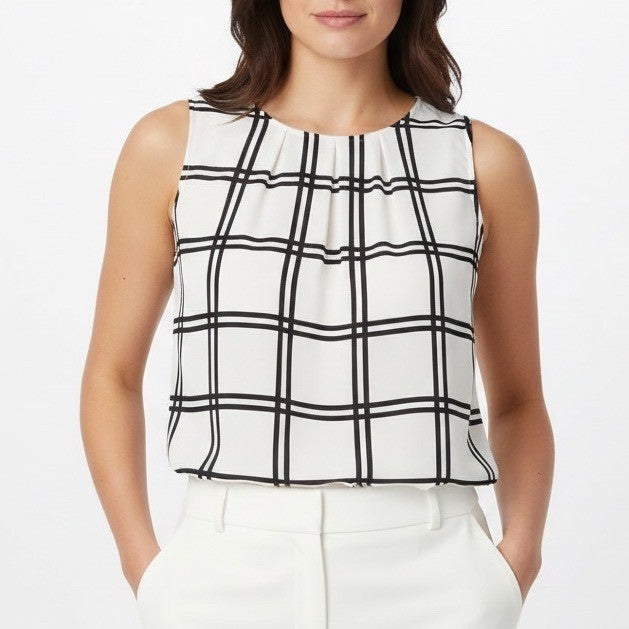 LOFT Outlet White Black Plaid Pleated Sleeveless Shell Top Womens M