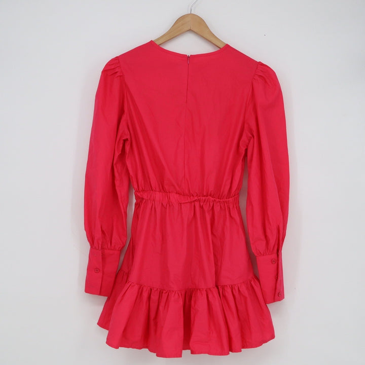 Trendy & Unique Pink Tiered Ruffle Mini Dress Long Puff Sleeve Elastic Waist S
