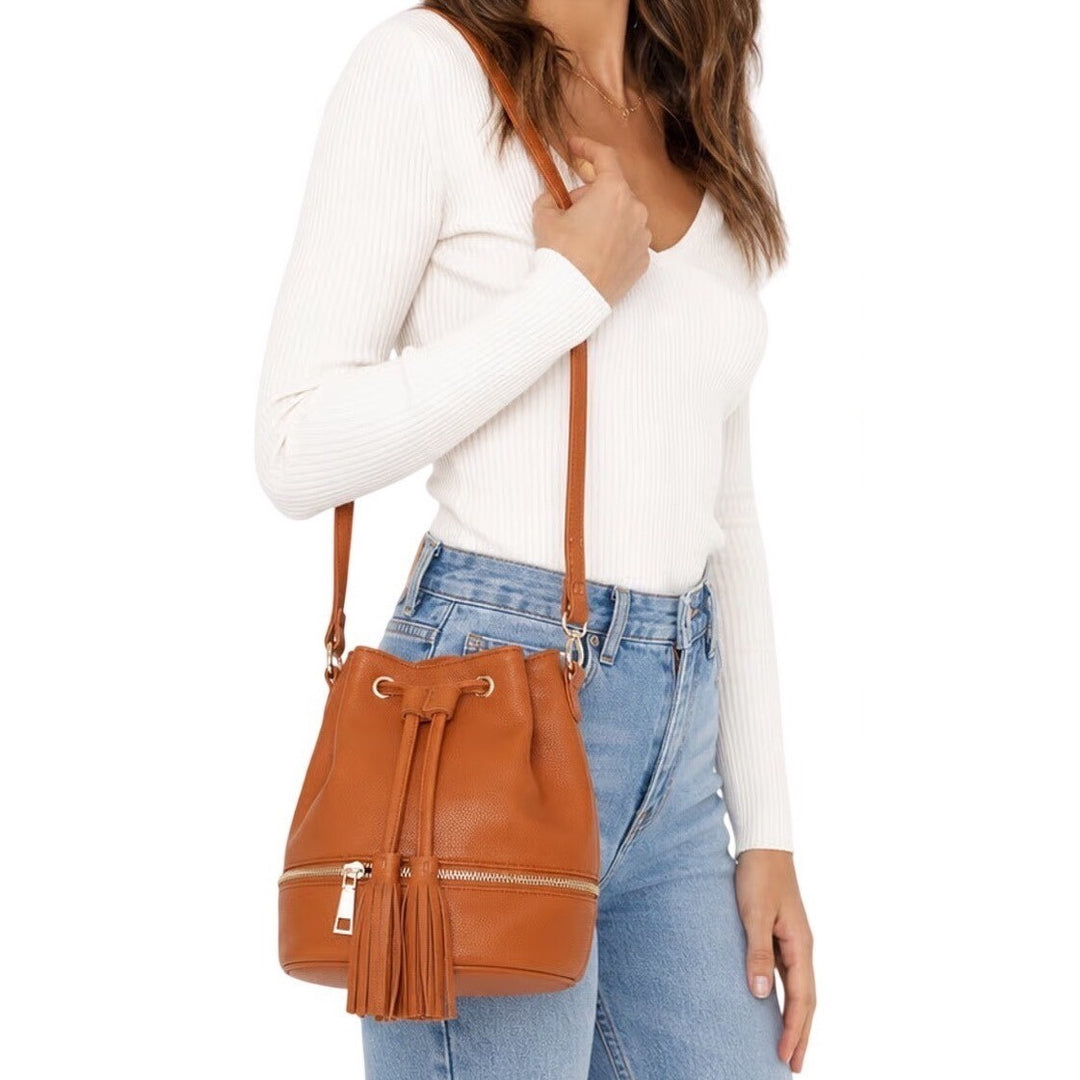 Cognac Brown Faux Leather Drawstring Bucket Bag Tassel Crossbody Zipper Bottom