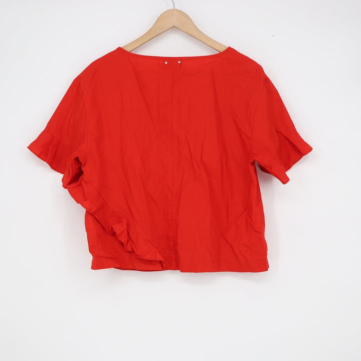 Calvin Klein Jeans Womens Red Ruffle Asymmetrical Short Sleeve Cotton Blouse M