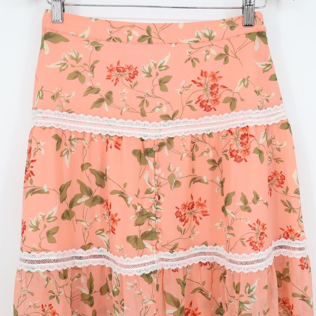 Endless Rose Peach Floral Tiered Midi Skirt Lace Trim Button Front Womens Size S