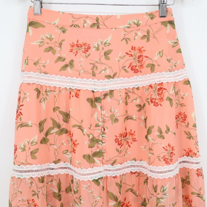 Endless Rose Peach Floral Tiered Midi Skirt Lace Trim Button Front Womens Size S