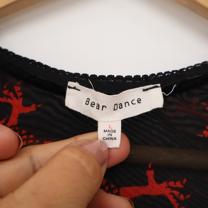 Bear Dance Womens Black Red Dragon Mesh Long Sleeve Crop Top Large