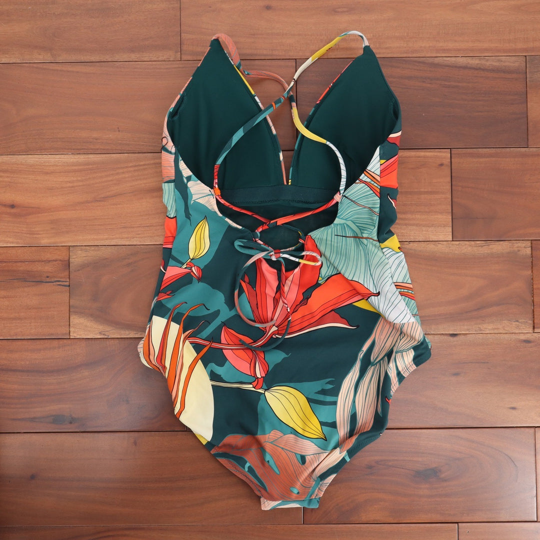 CALIA Triangle Strappy Back One Piece Swimsuit Botanical Print Sea Green 10