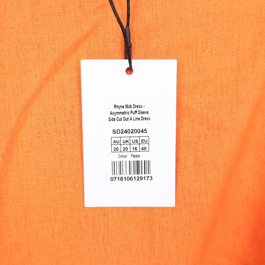Showpo Rhyne Midi Dress Papaya Orange Asymmetric Puff Sleeve Cut Out US 16 NEW