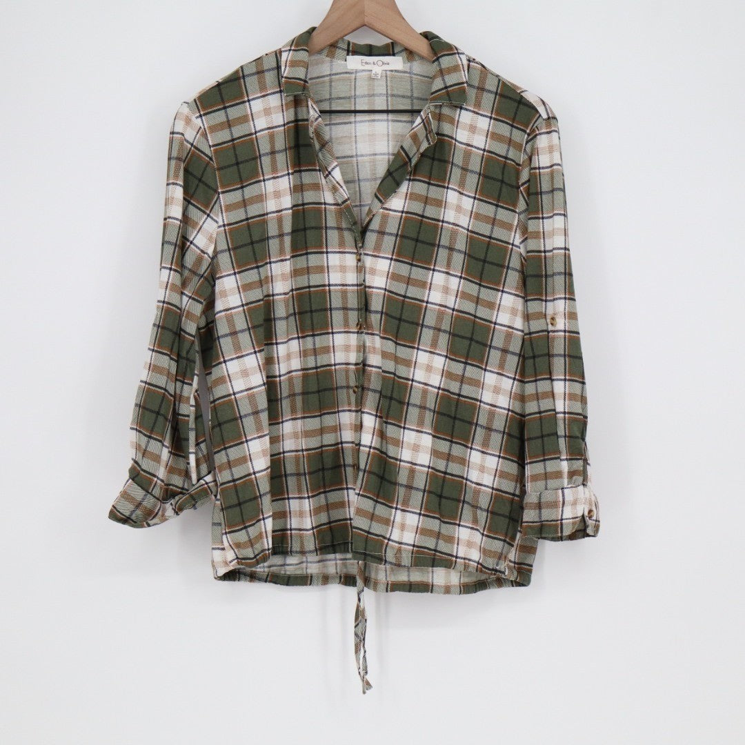 Eden & Olivia Flannel Shirt Womens Large Green Plaid Spread Collar Button Up