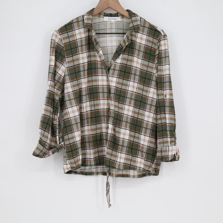 Eden & Olivia Flannel Shirt Womens Large Green Plaid Spread Collar Button Up
