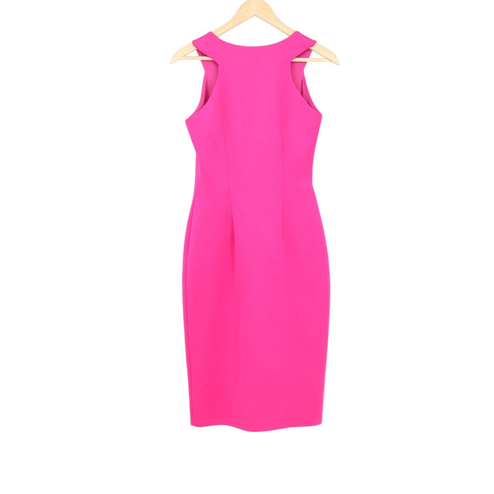 Hot Pink Front Zip Sleeveless Sheath Dress V-Neck Knee Length Bodycon Pink