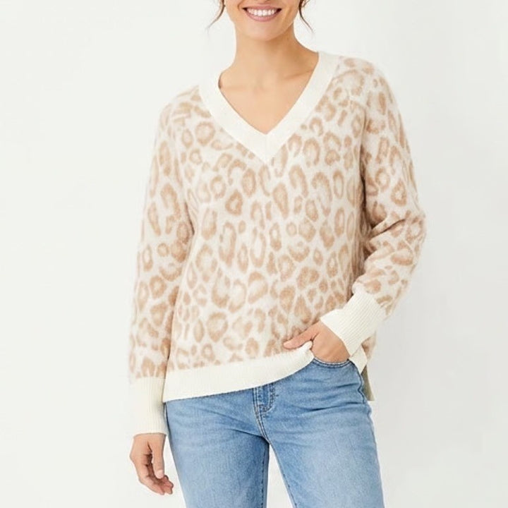 LOFT Womens Tan Leopard Print V-Neck Wool Blend Knit Sweater Size M