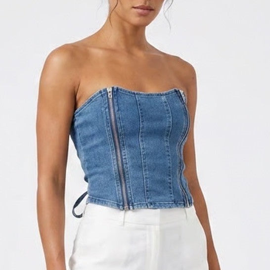 Forever 21 Blue Denim Corset Tube Top Lace Up Back Front Zippers Small