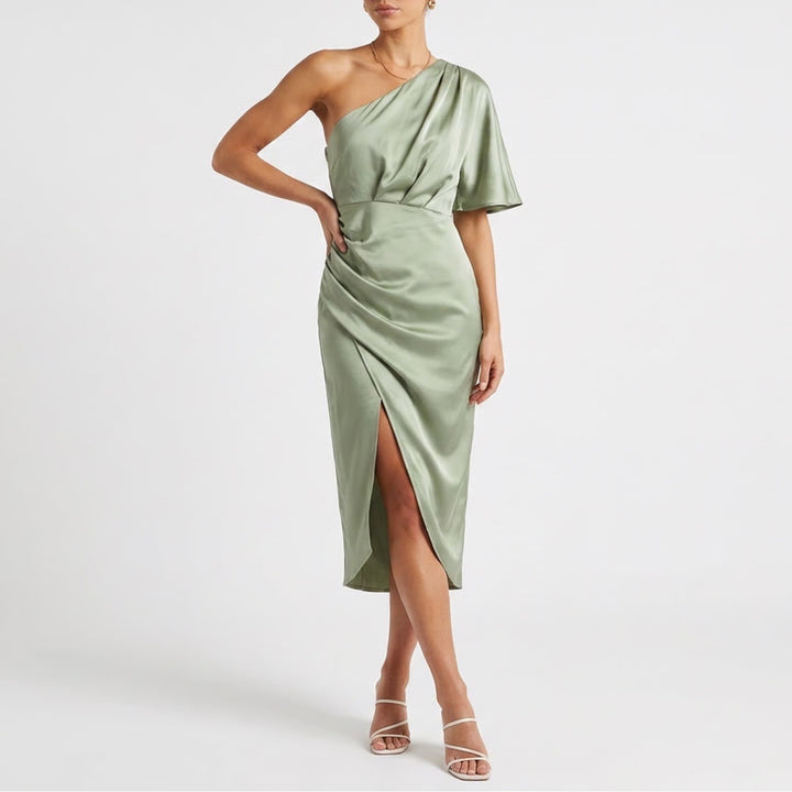 Cupshe Sage Green One Shoulder Satin Midi Dress Asymmetrical Cocktail Size L